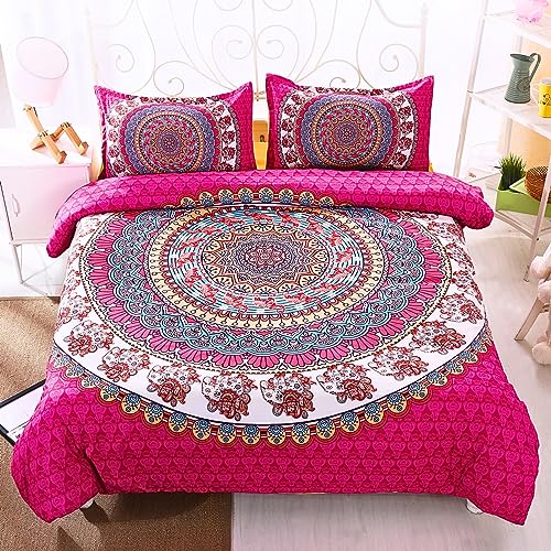 Menkala Bohemian Bettwäsche 220x240cm Rot Mandala Blumenmuster Bettbezug 3 Teilig Renforce Mircrofaser Orientalische Wendebettwäsche mit Reißverschluss Vintage Boho Deckenbezug & 2 Kissenbezug 80x80 von Menkala