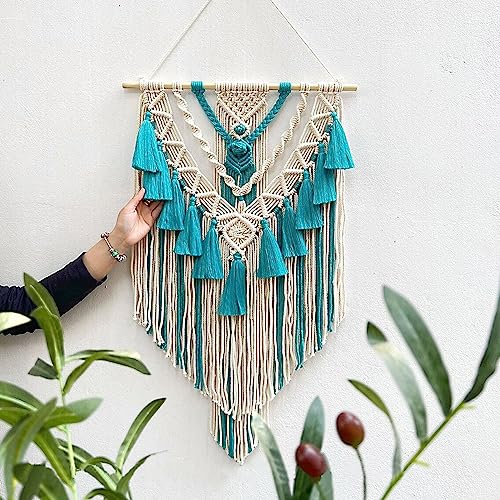 Menkala Boho Makramee Wandbehang Baumwolle Deko Blau Wanddeko Handgewebt Wandteppich Vorhang Chic Handarbeit Gewebte Aesthetic indoor outdoor Room Wohnzimmer Schlafzimmer Balkon Flur Decor 55x75cm von Menkala