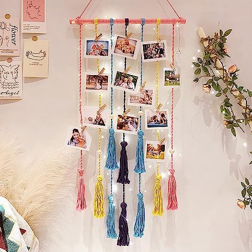 Menkala Boho Makramee Wandbehang Fotowand Gewebt Tapisserie Hängender Wandteppich Bunt Fotoseil mit Klammern Tapestry Wall Hanging Aesthetic Hintergrund Wanddeko für Schlafzimmer Wohnzimmer von Menkala