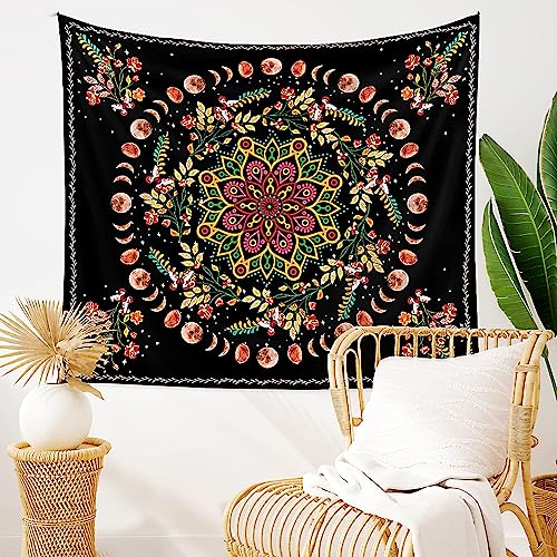 Menkala Boho Wandteppich Mondphasen und Blumenmuster Mandala Tapestry Vintage Deko Schwarz Ästhetisches Design Wandbehang für Schlafzimmer und Meditation180 x 230 cm von Menkala