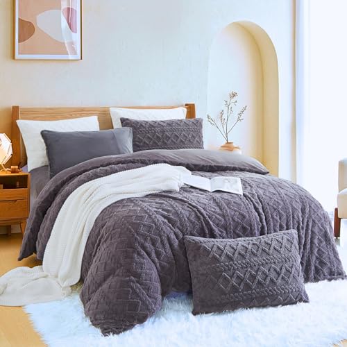 Menkala Fleece Bettwäsche 200x200 Winter Warm Grau Cashmere Touch Plüsch Bettbezug Flauschig Einfarbig Fleece Microfaser Dunkelgrau Winterbettwäsche mit Reißverschluss und 2 Kissenbezug 80x80 von Menkala