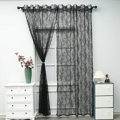 Menkala Gardinen mit Kräuselband Ösen Vorhang Schwarz Transparent Spitzengardinen Vintage Voile Vorhänge Wohnzimmer Scheibengardinen Modern Blumen Kinderzimmer Schlafzimmer 1 Stück 140x200cm(BxH) von Menkala