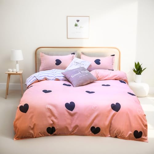 Menkala Herzen Bettwäsche 155x220 Rosa Mädchen Bettbezug 2teilig Herz Streifen Aesthetic Wendebettwäsche Schlafzimmer Deko Love Mikrofaser Kinderbettwäsche Set & 1 Kissenbezug 80x80 mit Reißverschluss von Menkala