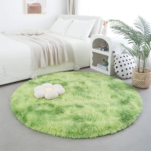 Menkala Hochflor Teppich Rund 100cm Grün Modern Flauschig Shaggy Teppiche Waschbarer rutschfest Stuhlkissen Langflor Fellteppich Kunstfell für Wohnzimmer Schlafzimmer Kinderzimmer Balkon Klein von Menkala