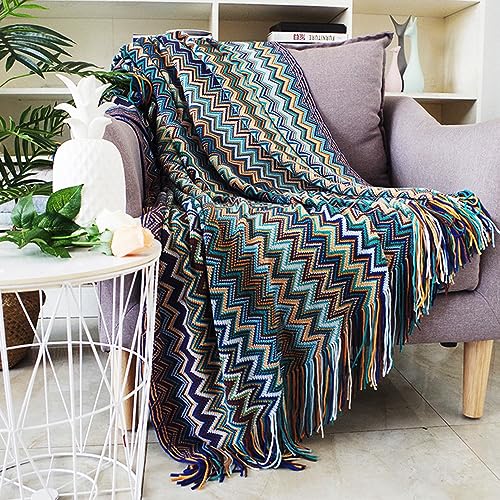 Menkala Kuscheldecke Boho Style Decke mit Fransen Strickdecke Tagesdecke Sofadecke Weich Streifen Wohndecke Couchdecke für Sofa Betten Büro Reisen Wohnzimmer Schlafzimmer Blau 130x150 cm von Menkala