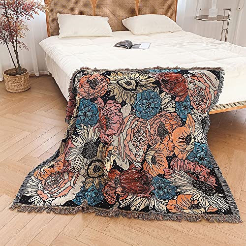 Menkala Kuscheldecke Boho Decke Blumenmuster Sofadecke mit Fransen Tagesdecke 130x160 Strickdecke Wohndecke Couchdecke Deko für Sofa Büro Betten Reisen Wohnzimmer Schlafzimmer Bunt von Menkala