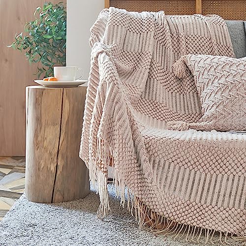 Menkala Kuscheldecke Boho Decke Wohndecke Gestrickt Sofadecke Tagesdecke Leichte Dünne Sommerdecke Sofa Überwurfdecke Couchdecke Strickdecke Reisedecke Blanket mit Fransen Beige Groß 130 x 200 cm von Menkala