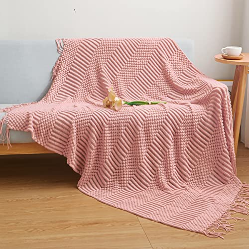 Menkala Kuscheldecke Boho Decke Wohndecke Gestrickt Sofadecke Tagesdecke Leichte Dünne Sommerdecke Sofa Überwurfdecke Couchdecke Strickdecke Reisedecke Blanket mit Fransen Rosa Groß 130 x 200 cm von Menkala