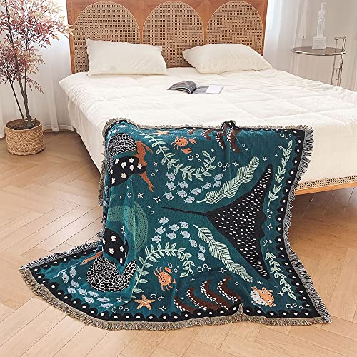 Menkala Kuscheldecke Boho Meerjungfrau Decke Sofadecke mit Fransen Tagesdecke 130x160 Strickdecke Wohndecke Couchdecke Deko für Sofa Büro Betten Reisen Wohnzimmer Schlafzimmer Blau von Menkala