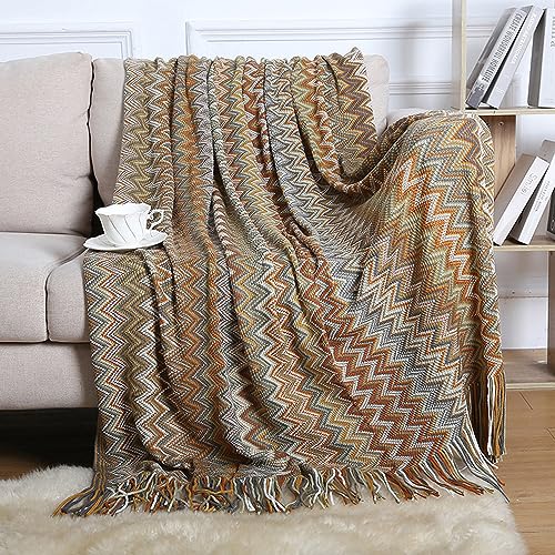 Menkala Kuscheldecke Boho Style Decke mit Fransen Strickdecke Tagesdecke Sofadecke Weich Streifen Wohndecke Couchdecke für Sofa Betten Büro Reisen Wohnzimmer Schlafzimmer Khaki 130x200 cm von Menkala