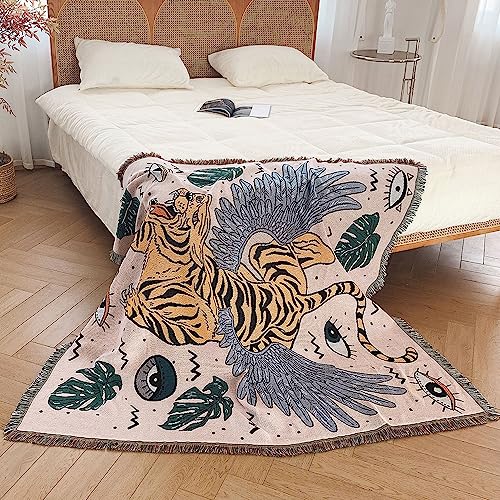 Menkala Kuscheldecke Boho Tiger Auge Flügel Tropische Blätter Decke Sofadecke mit Fransen Tagesdecke 130x160 Strickdecke Wohndecke Couchdecke Deko für Sofa Büro Betten Reisen Wohnzimmer Schlafzimmer von Menkala