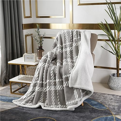 Menkala Kuscheldecke Dicke Extra Warm Winter Decke Flauschig Flanell Sherpa Fleecedecke Tagesdecke Bettüberwurf Sofadecke Wohndecke Plüsch Blanket Sofa Überwurfdecke Couchdecke Grau Kariert 150x200 von Menkala