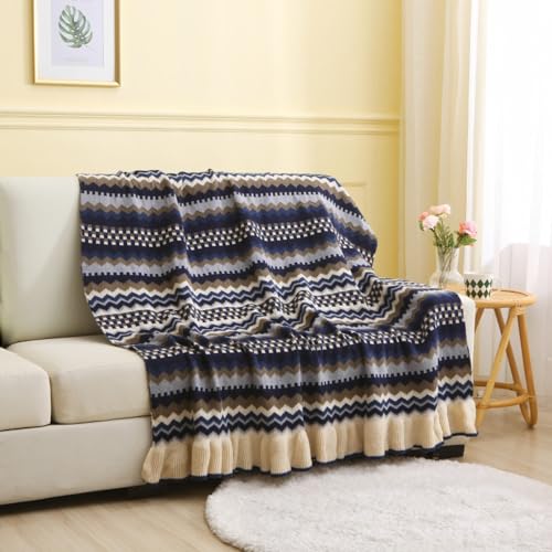 Menkala Kuscheldecke Ethno Boho Style Grau Blau Decke Gestrickt mit Rüschen Tagesdecke Gestreift Bunt Strickdecke Sofadecke Wohndecke Couchdecke für Sofa Büro Betten Wohnzimmer Schlafzimmer 150x220cm von Menkala