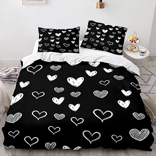 Menkala Partner Bettwäsche 135x200 2teilig Herz Weiß Schwarz Schlafzimmer Pärchen mit Reißverschluss Microfaser Love Partnerbettwäsche Set und Kissenbezug 80x80 cm von Menkala