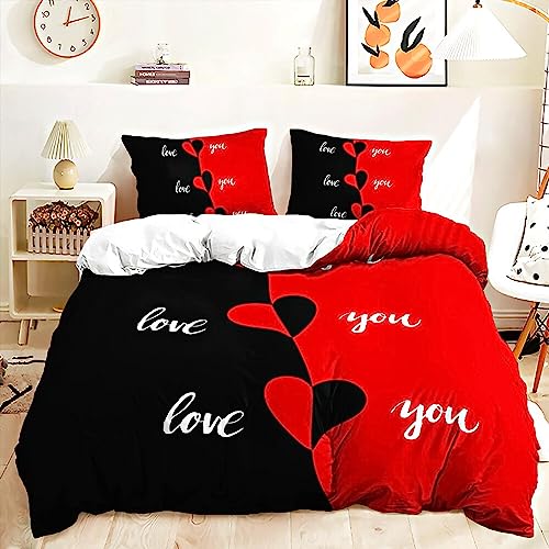 Menkala Partner Bettwäsche 135x200 2teilig Schwarz Rot Bettbezug Love Herzen Mr&Mrs Schlafzimmer Pärchen Wendebettwäsche mit Reißverschluss Microfaser Partnerbettwäsche Set und Kissenbezug 80x80 von Menkala