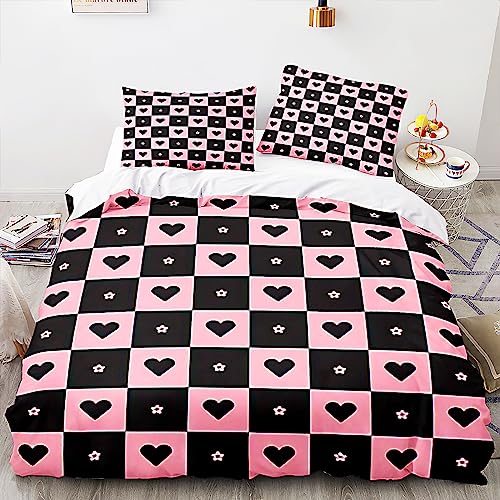 Menkala Partner Bettwäsche 135x200 4teilig Herz Rosa Schwarz Schlafzimmer Pärchen mit Reißverschluss Microfaser Love Partnerbettwäsche Set und 2 Kissenbezug 80x80 cm von Menkala