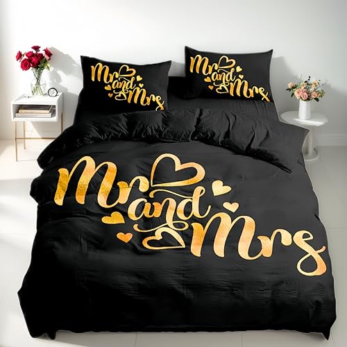 Menkala Partner Bettwäsche 135x200 Mr und Mrs Schwarz Gold Pärchen Bettbezug 2teilig Love Partnerbettwäsche Set Herz Schlafzimmer Wendebettwäsche mit Reißverschluss Microfaser und 1 Kissenbezug 80x80 von Menkala