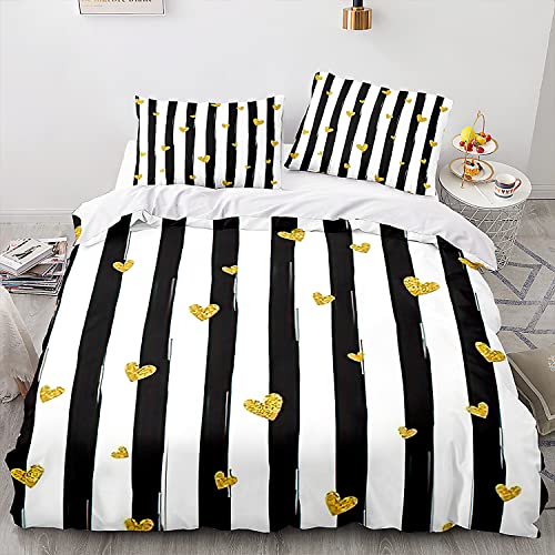 Menkala Partner Bettwäsche 140x200 2teilig Herz Weiß Schwarz Streifen Schlafzimmer Pärchen mit Reißverschluss Microfaser Love Partnerbettwäsche Set und Kissenbezug 70x90 cm von Menkala