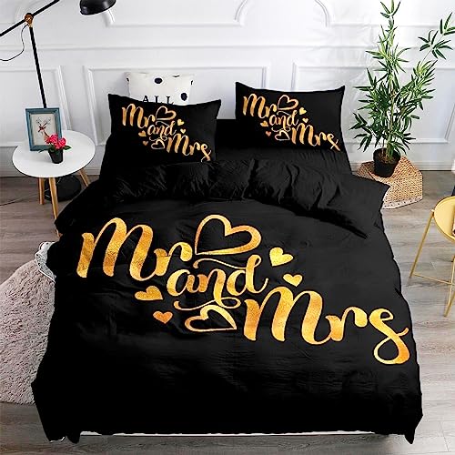 Menkala Partner Bettwäsche 155x220 2teilig Mr&Mrs Gold Schwarz Bettbezug Schlafzimmer Pärchen Wendebettwäsche mit Reißverschluss Microfaser Love Partnerbettwäsche Set und Kissenbezug 80x80 von Menkala