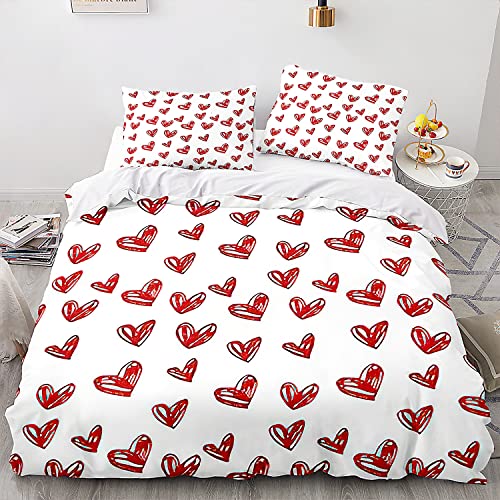 Menkala Partner Bettwäsche 200x200 3teilig Herz Weiß Rot Schlafzimmer Pärchen mit Reißverschluss Microfaser Love Partnerbettwäsche Set und 2 Kissenbezug 80x80 cm von Menkala