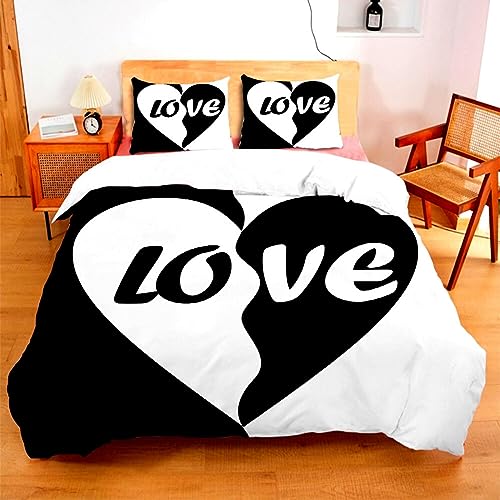 Menkala Partner Bettwäsche 200x200 3teilig Mr&Mrs Schwarz Weiß Herz Love Bettbezug Schlafzimmer Pärchen Wendebettwäsche mit Reißverschluss Microfaser Partnerbettwäsche Set und 2 Kissenbezug 80x80 von Menkala