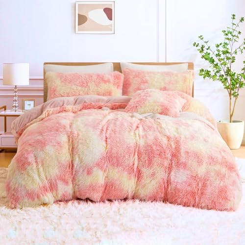 Menkala Plüsch Bettwäsche 135x200 4teilig Rosa Gelb Winter Flauschig Warme Bettbezug Tie Dye Gedruckt Plüschbettwäsche Set Fleece Langhaar Kunstfell Bettbezug mit Reißverschluss & 2 Kissenbezug 80x80 von Menkala