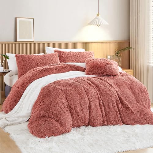 Menkala Plüsch Bettwäsche 135x200 Rosa Warm Winter Langhaar Flauschig Bettbezug Einfarbig Mädchen Coral Fleece Flanell Fluffy Kunstfell Wendebettwäsche Set 2Teilig Reißverschluss Kissenbezüge 80x80cm von Menkala