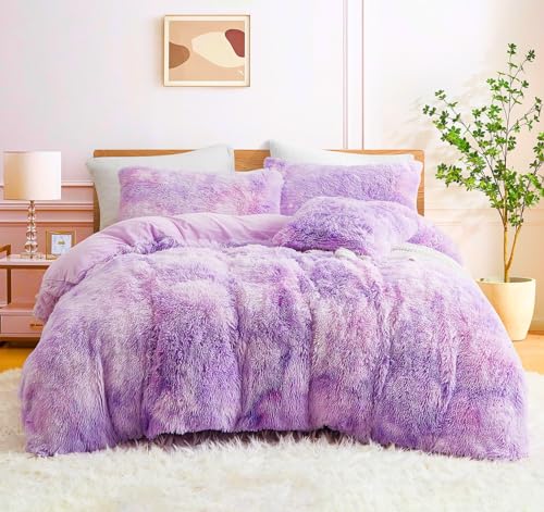 Menkala Plüsch Bettwäsche 135x200 Winter Flauschig Warme Bettbezug Tie Dye Weiß Lila Plüschbettwäsche Set Fleece Langhaar Kunstfell Bettbezug mit Reißverschluss und 1 Kissenbezug 80x80 cm von Menkala