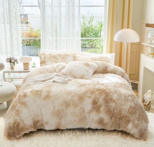 Menkala Plüsch Bettwäsche 155x220 Beige Winter Warme Flauschig Langhaar Kunstfell Plüschbettwäsche Tie Dye Shaggy Flanell Biber Wende Bettbezug mit Reißverschluss und Kissenbezug 80x80cm von Menkala