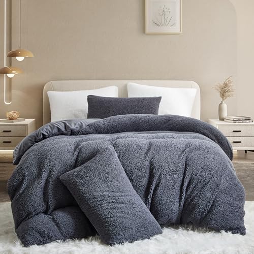 Menkala Plüsch Bettwäsche 200x200 Grau Uni Winter Warm Teddy Fleece Cashmere Touch Plüschbettwäsche Flauschig Sherpa Flanell Wende Bettbezug mit Reißverschluss und 2 Kissenbezug 80x80cm von Menkala