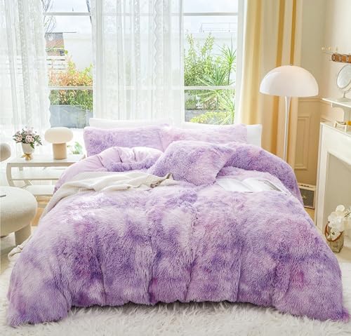 Menkala Plüsch Bettwäsche 200x200 Lila Winter Warme Flauschig Langhaar Kunstfell Plüschbettwäsche Violett Tie Dye Shaggy Flanell Biber Wende Bettbezug mit Reißverschluss und 2 Kissenbezug 80x80cm von Menkala