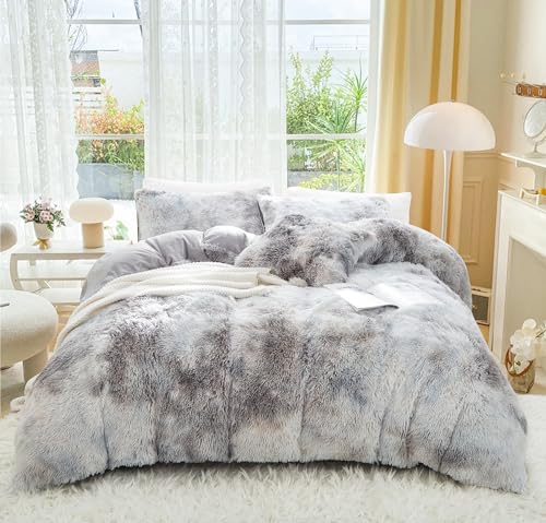 Menkala Plüsch Bettwäsche 220x240 Grau Winter Warme Flauschig Langhaar Kunstfell Plüschbettwäsche Tie Dye Shaggy Flanell Biber Wende Bettbezug und 2 Kissenbezug 80x80cm mit Reißverschluss von Menkala