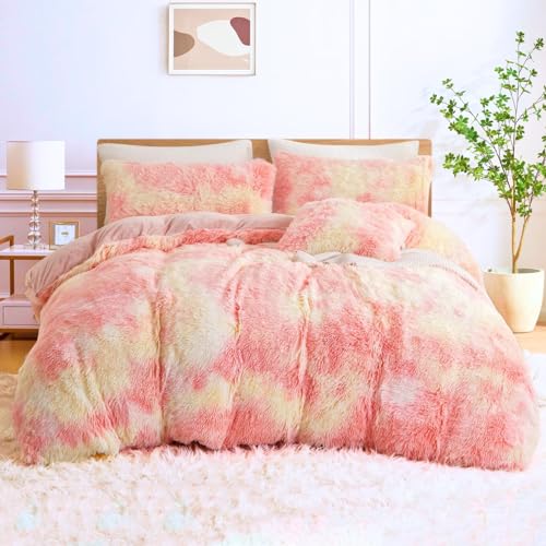 Menkala Plüsch Bettwäsche 220x240 Mädchen Winter Flauschig Warme Bettbezug Tie Dye Gedruckt Rosa Plüschbettwäsche Set Fleece Langhaar Kunstfell Bettbezug mit Reißverschluss und 1 Kissenbezug 80x80 cm von Menkala