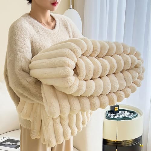 Menkala Plüsch Kuscheldecke Creme Weiß Gestreift 200x230cm Warm Decke Flauschig Cashmere Touch Fleece Fleecedecke Kunstfell Kaninchenfell Tagesdecke Sofadecke Wohndecke Blanket Sofa Überwurfdecke von Menkala