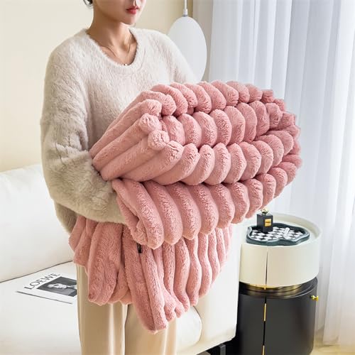 Menkala Plüsch Kuscheldecke Rosa Gestreift 120x200cm Warm Decke Flauschig Cashmere Touch Fleece Pink Fleecedecke Kunstfell Kaninchenfell Tagesdecke Sofadecke Wohndecke Blanket Sofa Überwurfdecke von Menkala