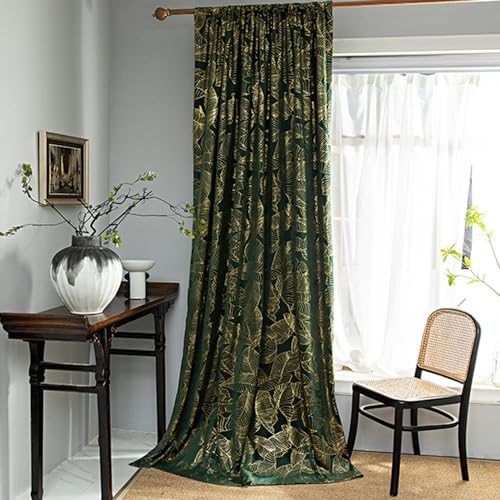 Menkala Samt Vorhänge Blickdicht Grün Gold Blätter Samtvorhänge Gardinen Tropische Pflanzen Verdunkelung Vorhang Blackout Curtains Deko Kinderzimmer Wohnzimmer Schlafzimmer 1 Stück 100x250cm(BxH) von Menkala