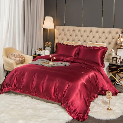 Menkala Satin Bettwäsche 135x200 Rot Weinrot Uni mit Rüschen Glatt Luxus Seide Aesthetic Seidenbettwäsche Einfarbig Glänzend Glanzsatin Wende Bettbezug und Kissenbezug 80x80cm mit Reißverschluss von Menkala