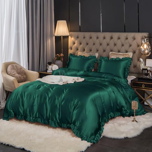 Menkala Satin Bettwäsche 155x220 Grün Smaragdgrün Uni mit Rüschen Glatt Seide Aesthetic Seidenbettwäsche Einfarbig Glänzend Glanzsatin Wende Bettbezug und Kissenbezug 80x80 mit Reißverschluss von Menkala