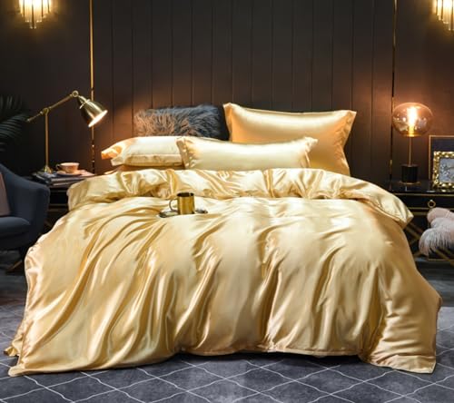 Menkala Satin Bettwäsche 200x200 Gold Seide Bettbezug 3teilig Barock Stil Vintage Microfaser Einfarbig Seidenbettwäsche Luxus Wendebettwäsche mit Reißverschluss und 2 Kissenbezüge 80x80cm von Menkala