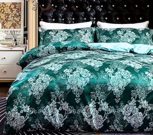 Menkala Satin Bettwäsche 200x220 Grün Seide Jacquard Bettbezug 3teilig Barock Blumen Vintage Muster Seidenbettwäsche Luxus Microfaser Wendebettwäsche mit Reißverschluss und 2 Kissenbezüge 80x80 von Menkala