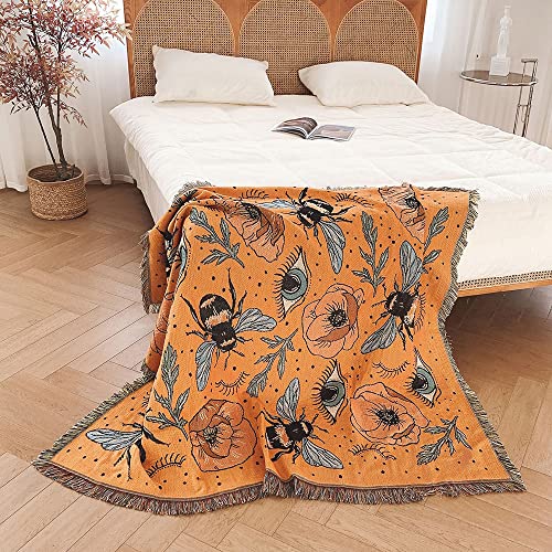 Menkala Tagesdecke Boho Decke Blumen Biene Auge Muster Sofadecke mit Fransen Kuscheldecke 130x160 Strickdecke Wohndecke Couchdecke Deko für Sofa Büro Betten Reisen Wohnzimmer Schlafzimmer Orange von Menkala