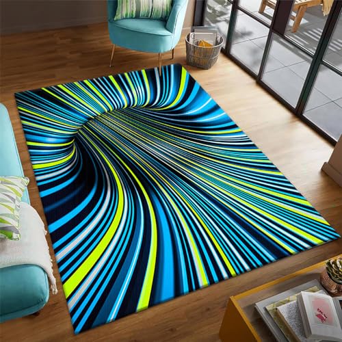 Menkala Teppich 3D Effekt Optische Täuschung Modern Blau Streifen Geometrisch Vortex Optik Carpet Waschbarer rutschfeste Bodenmatte Schlafzimmer Wohnzimmer Fußmatte Küchenboden Flur 140x200 cm von Menkala