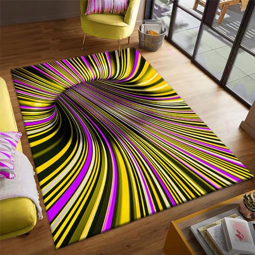Menkala Teppich 3D Effekt Optische Täuschung Modern Gelb Streifen Geometrisch Vortex Optik Carpet Waschbarer rutschfeste Bodenmatte Schlafzimmer Wohnzimmer Fußmatte Küchenboden Flur 140x200 cm von Menkala