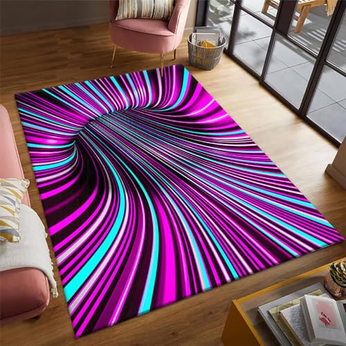 Menkala Teppich 3D Effekt Optische Täuschung Modern Rosa Streifen Geometrisch Vortex Optik Carpet Waschbarer rutschfeste Bodenmatte Schlafzimmer Wohnzimmer Fußmatte Küchenboden Flur 120x160 cm von Menkala