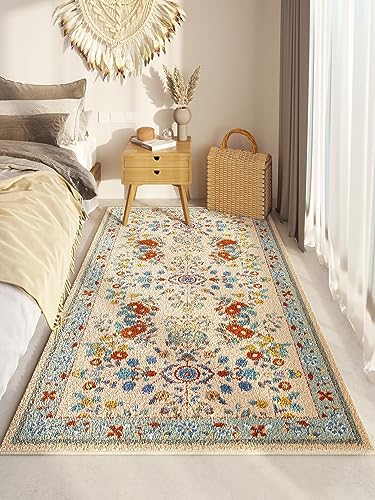 Menkala Teppich Boho Style Bettvorleger Schlafzimmer Flauschig Kurzflor Teppiche Bunt Vintage Blumen Waschbarer rutschfest Carpet für Wohnzimmer Bettumrandung Läufer Flur Balkon Klein 40x120 cm von Menkala