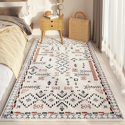 Menkala Teppich Boho Style Bettvorleger Schlafzimmer Flauschig Kurzflor Teppiche Schwarz Geometrisch Waschbarer rutschfest Carpet für Wohnzimmer Bettumrandung Läufer Flur Balkon Klein 60x160 cm von Menkala