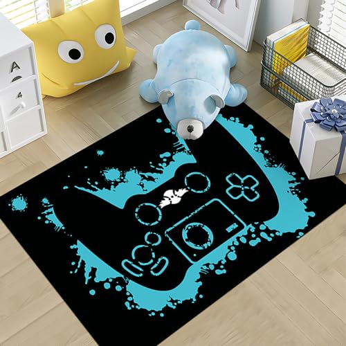 Menkala Teppich Gamer Junge Blau Schwarz 3D Controller Gaming Muster Modern Flauschiger Rug Antirutschunterlage Waschbarer rutschfeste Teenager Kinderzimmer Schlafzimmer Wohnzimmer Carpet 80x160 cm von Menkala