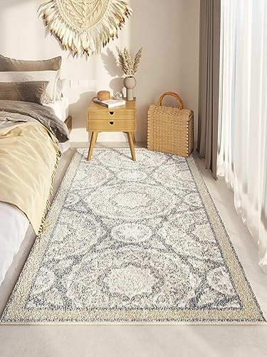 Menkala Teppich Grau Boho Style Bettvorleger Schlafzimmer Flauschig Kurzflor Vintage Mandala Teppiche Waschbarer rutschfest Carpet für Wohnzimmer Bettumrandung Läufer Flur Balkon Klein 60x160 cm von Menkala