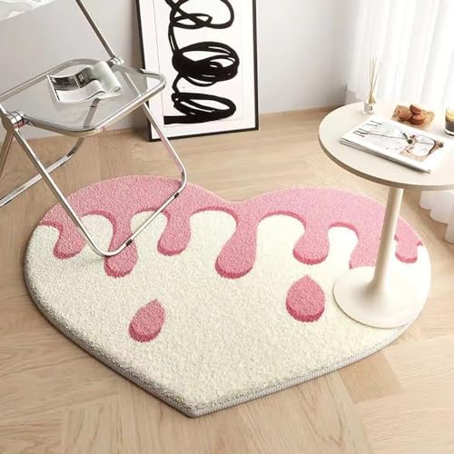 Menkala Teppich Herzform Rosa Weiß Kurzflor Flauschig Modern Herzen Relax Carpet Waschbar rutschfest Mädchen Teppich Fußmatte Deko Für Schlafzimmer Wohnzimmer Kinderzimmer Bettumrandung 60x80 cm von Menkala