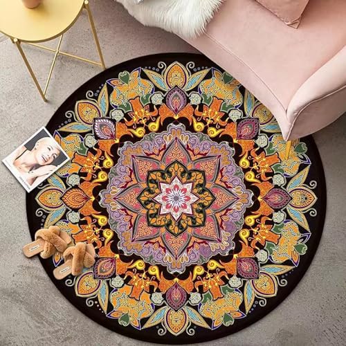 Menkala Teppich Rund 100 cm Boho Style Vintage Blumen Gelb Bunt Mandala Muster Waschbarer rutschfest Kurzflor Wohnzimmerteppich Bohemien Deko für Wohnzimmer Schlafzimmer Flur Balkon Garten von Menkala